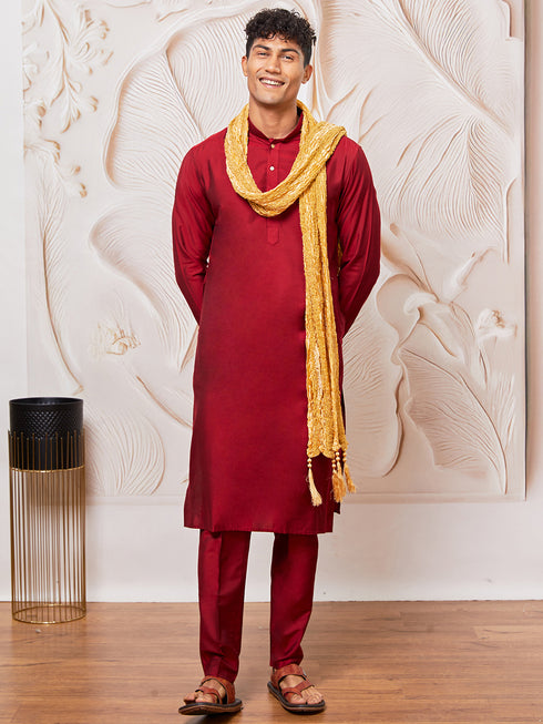 Men's Maroon Viscose Kurta, Pant And Dupatta Set