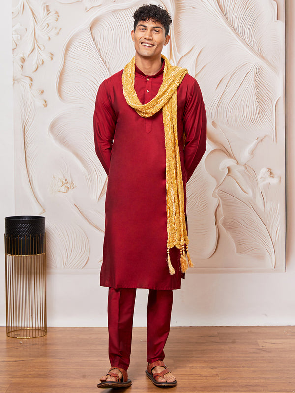 Men's Maroon Viscose Kurta, Pant And Dupatta Set