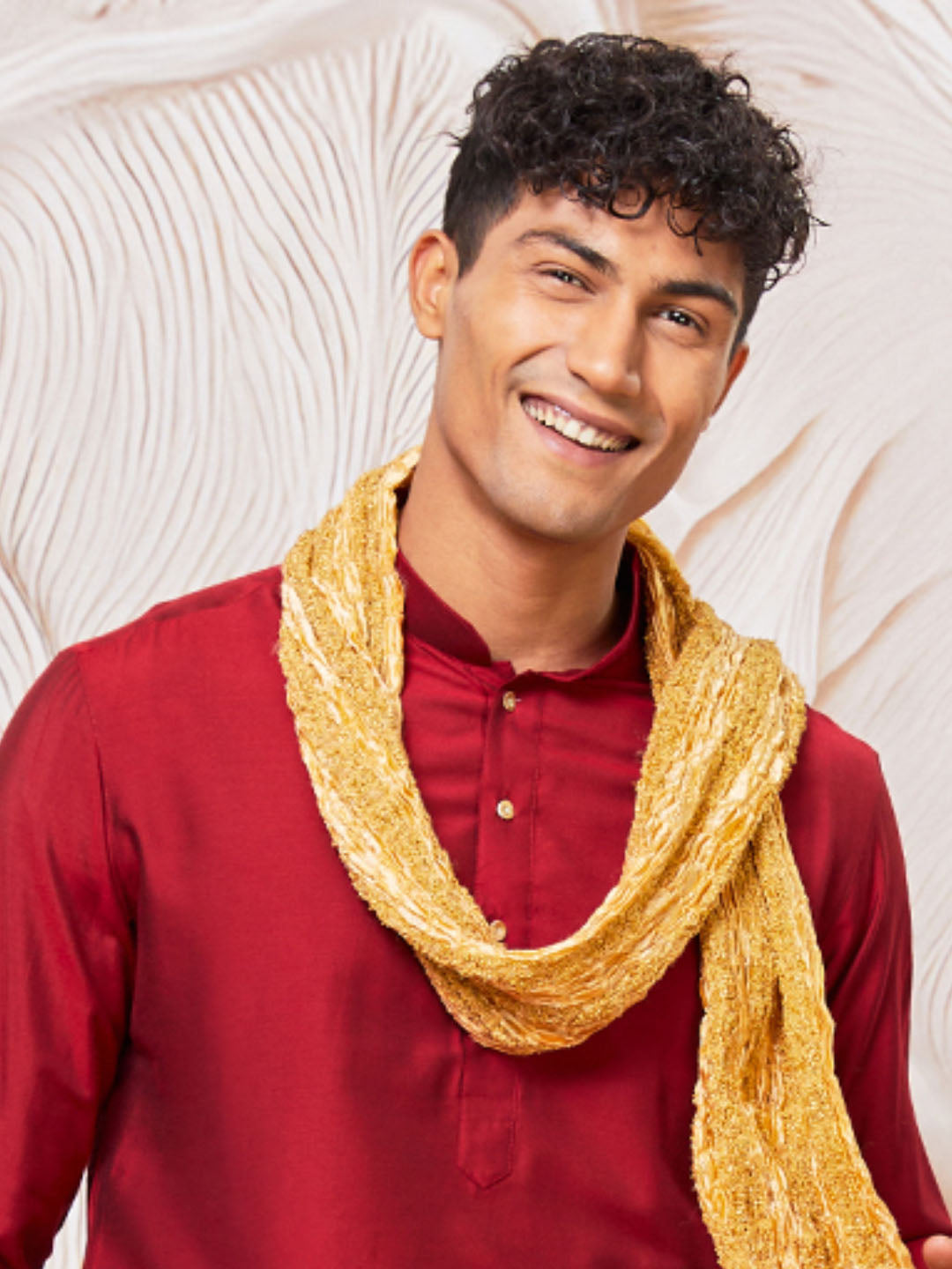 Men's Maroon Viscose Kurta, Pant And Dupatta Set