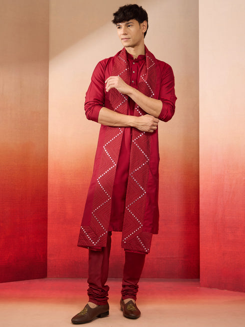 Men's Cream Embroidered Kurta with Maroon Churidar and Mirror Work Dupatta Set