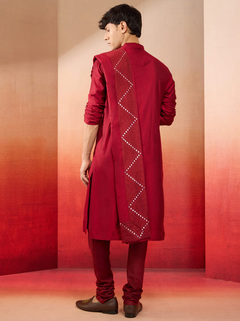 Men's Cream Embroidered Kurta with Maroon Churidar and Mirror Work Dupatta Set