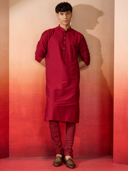 Men's Cream Embroidered Kurta with Maroon Churidar and Mirror Work Dupatta Set