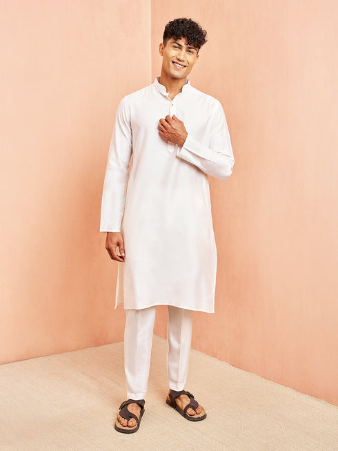 Men's White Viscose Kurta with White Pant Set