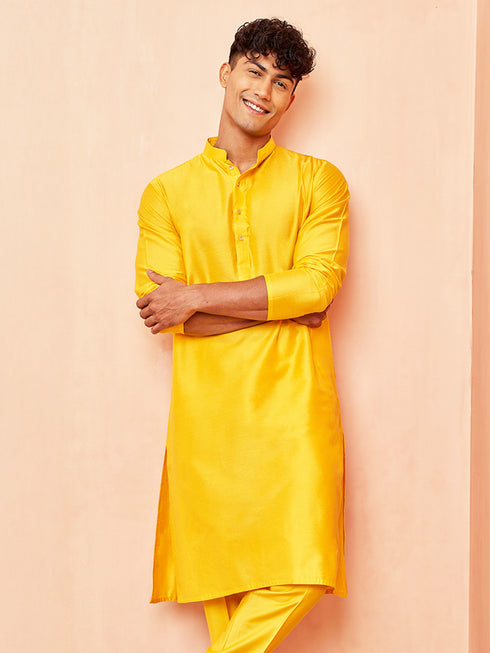Men's Yellow Viscose Kurta Long Sleeve Mandarin Collar Festive Wear