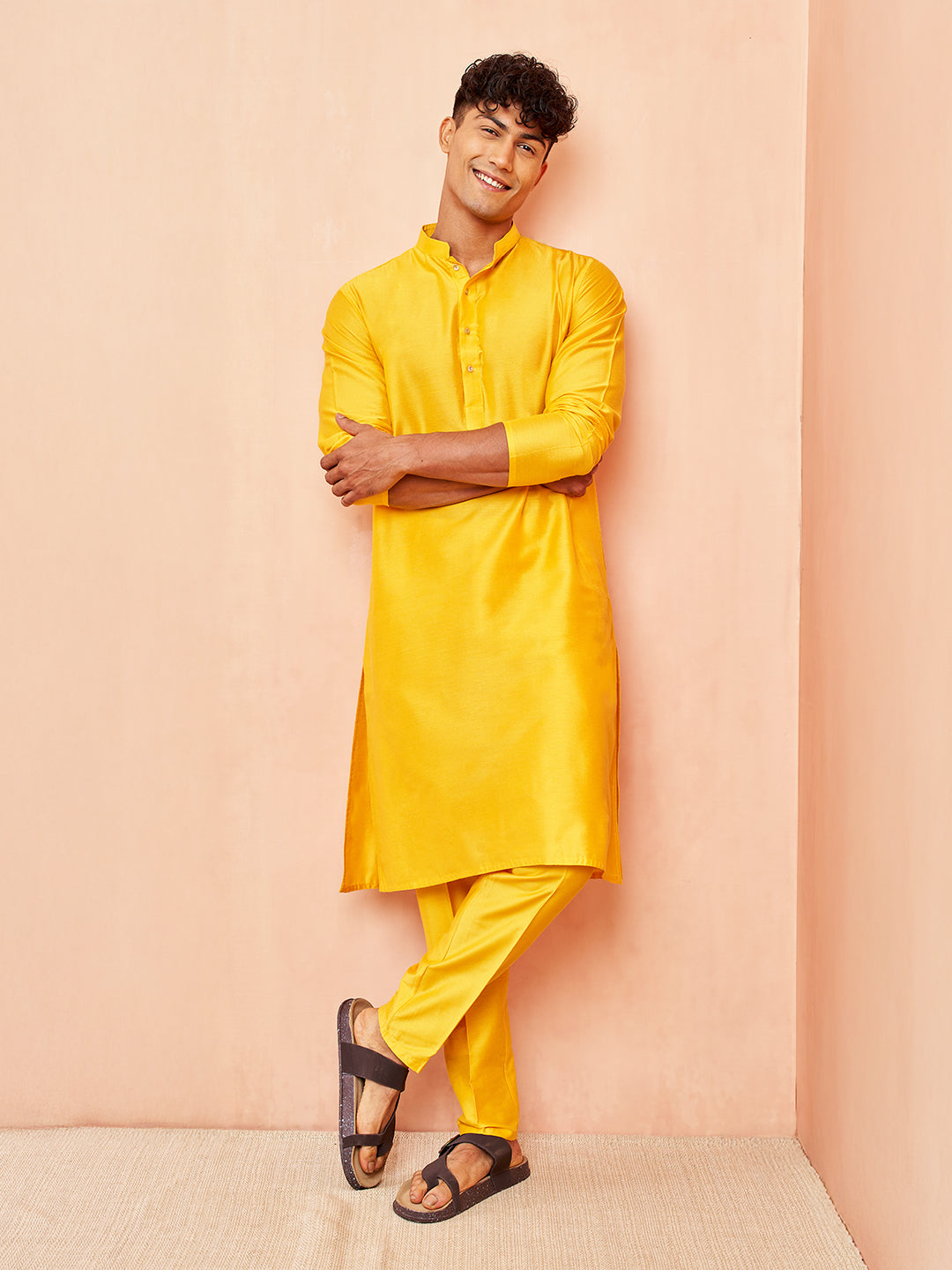 Men's Yellow Viscose Kurta Long Sleeve Mandarin Collar Festive Wear