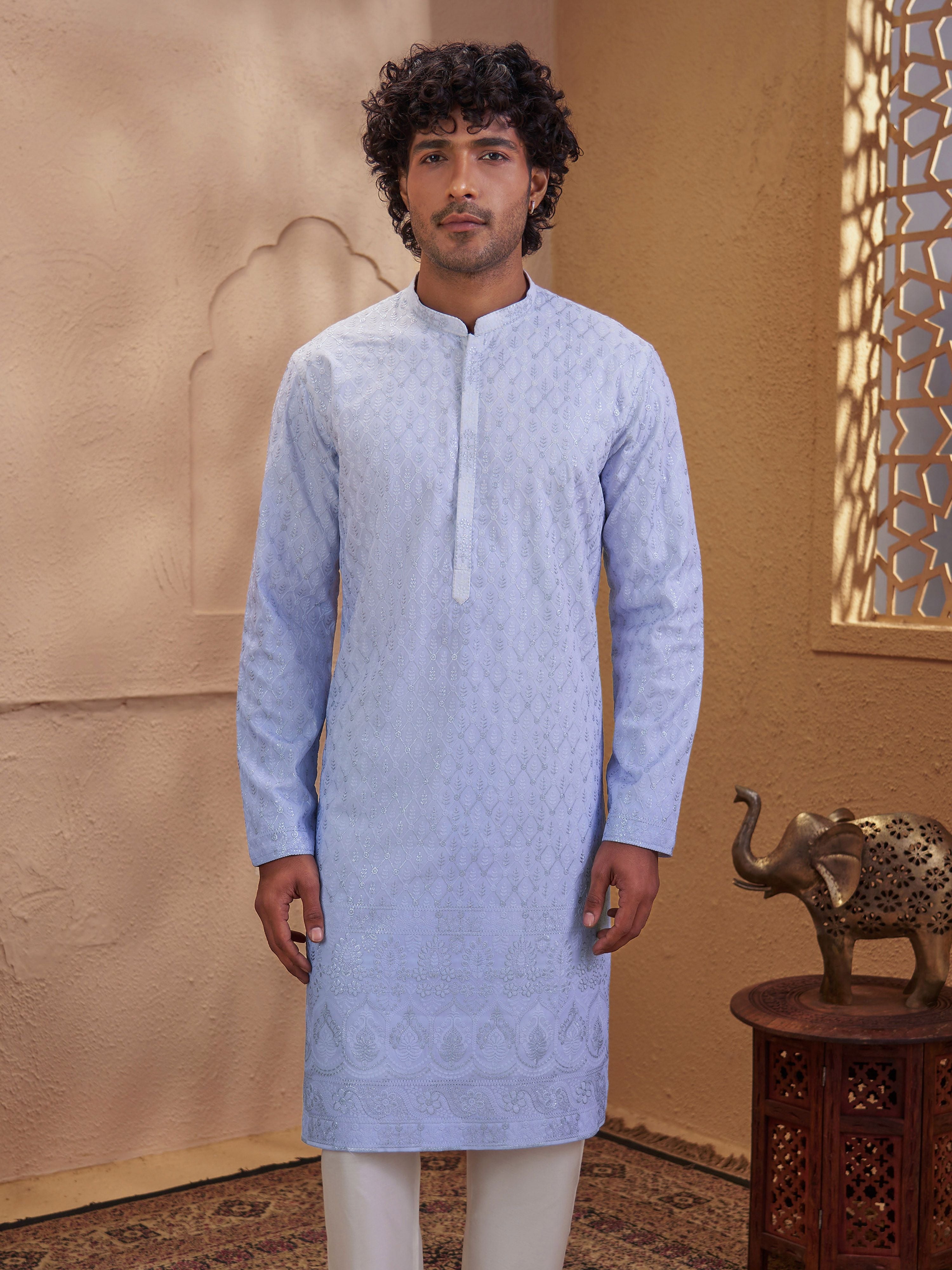Men's Aqua Woven Fabric Embroidered Thigh Length Kurta