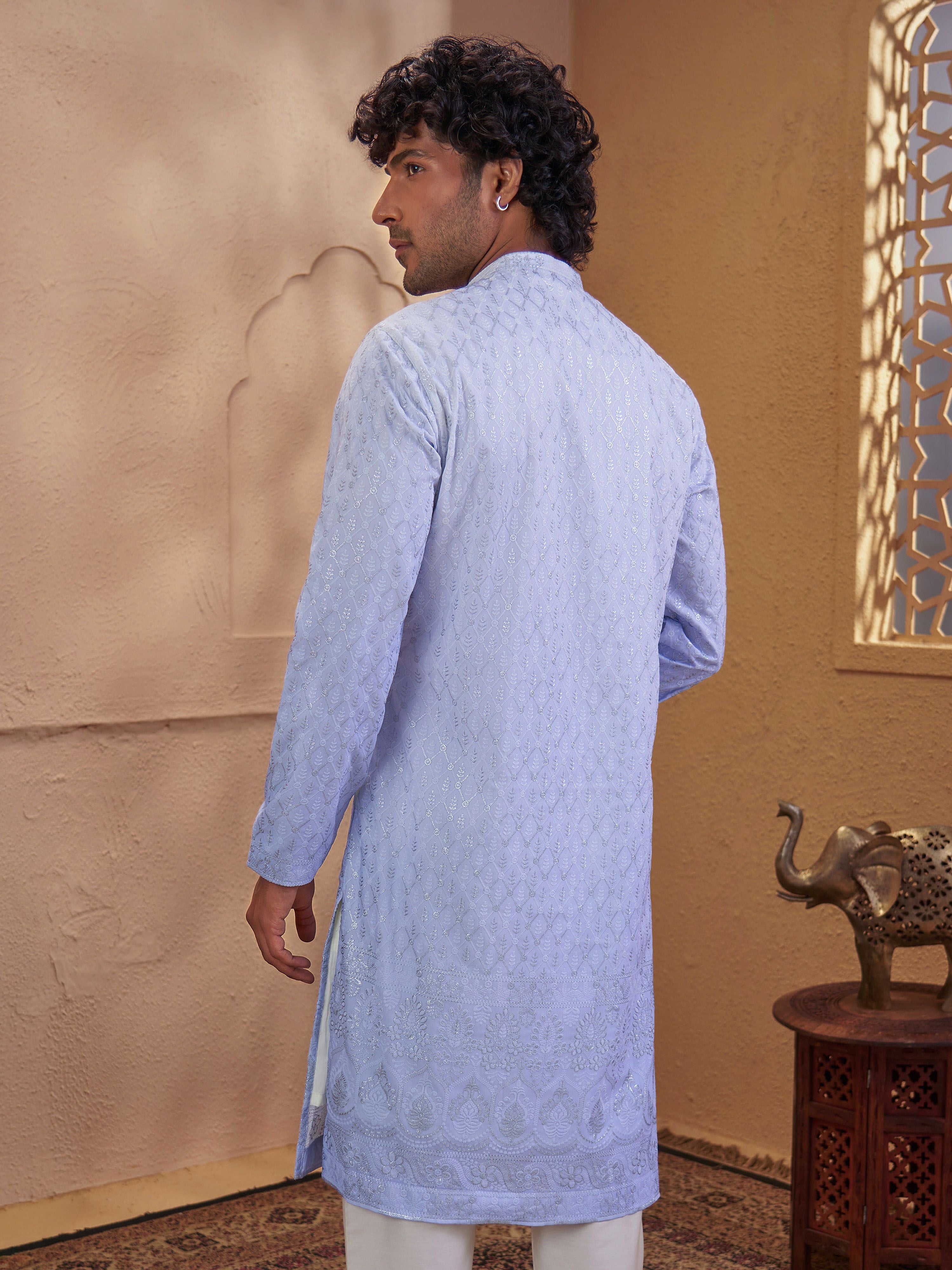 Men's Aqua Woven Fabric Embroidered Thigh Length Kurta