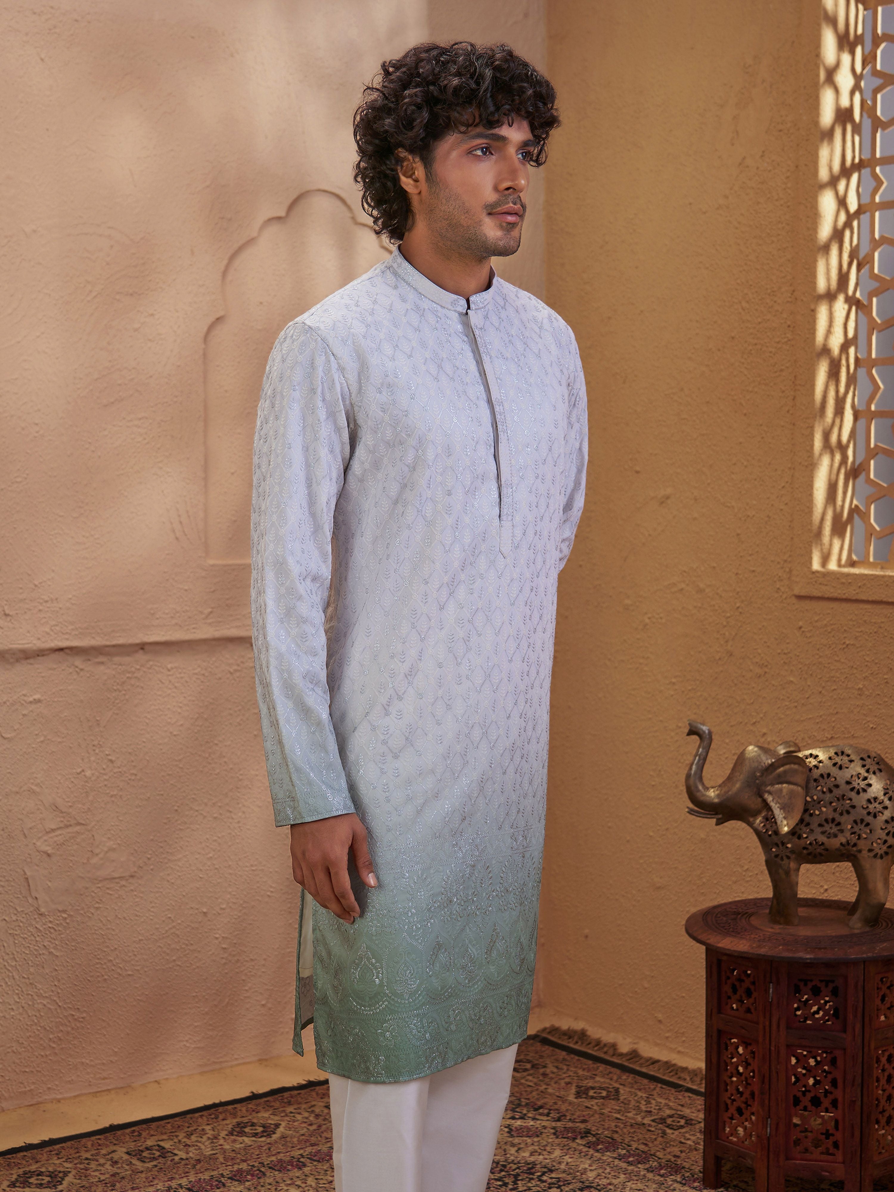 Men's Mint Woven Fabric Embroidered Thigh Length Kurta