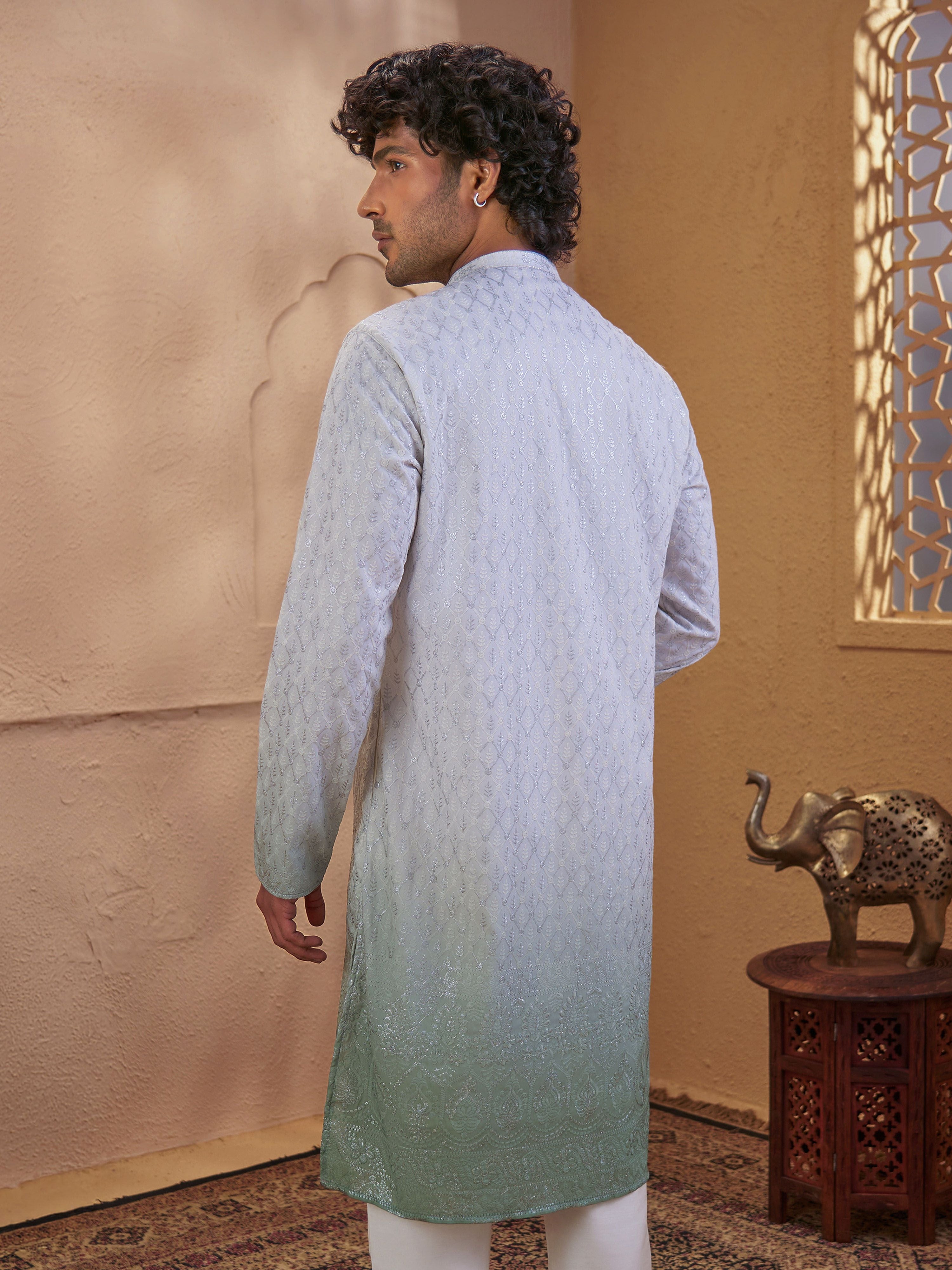 Men's Mint Woven Fabric Embroidered Thigh Length Kurta