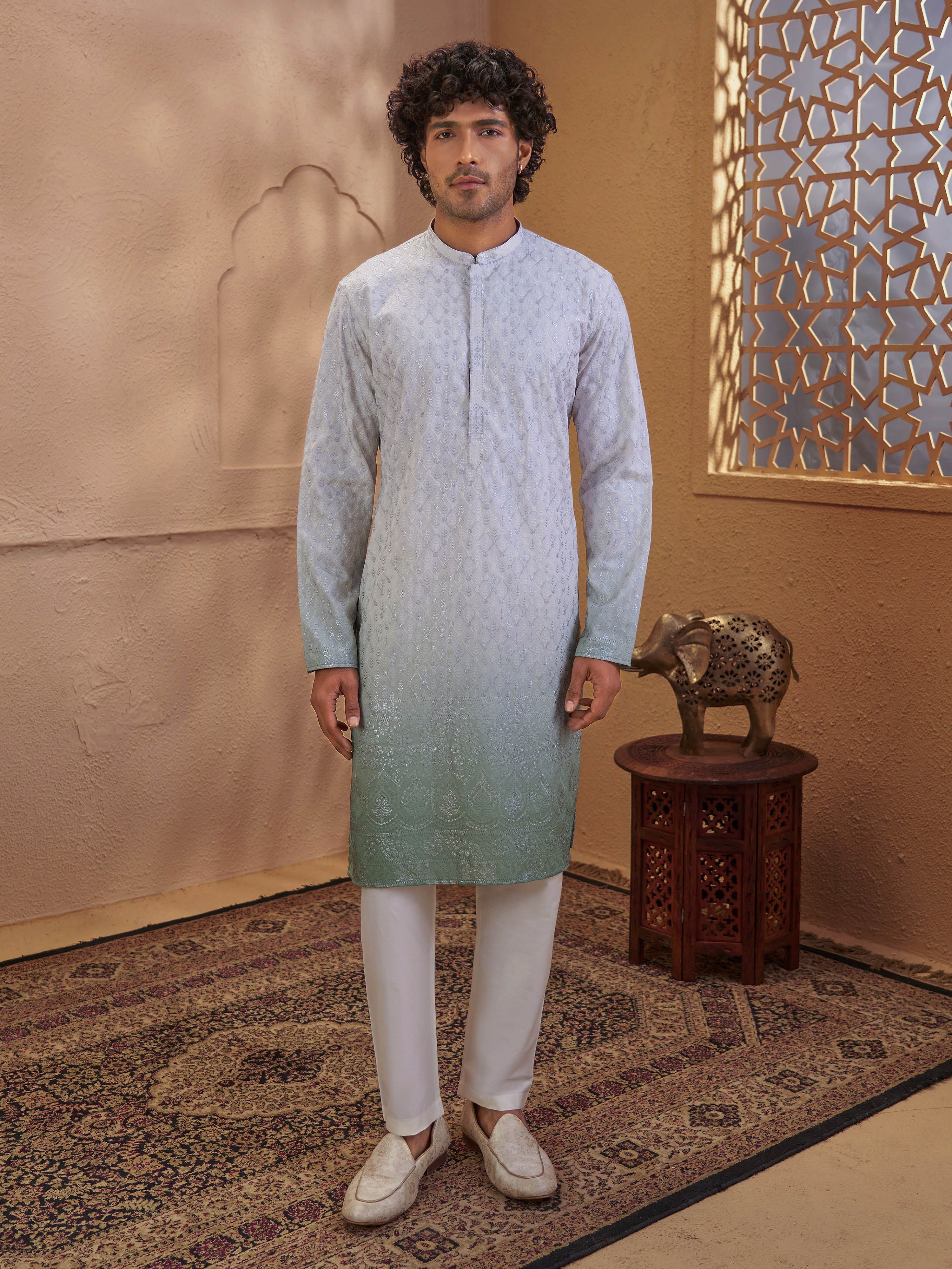 Men's Mint Viscose Ombre Thigh Length Kurta With Pyjama