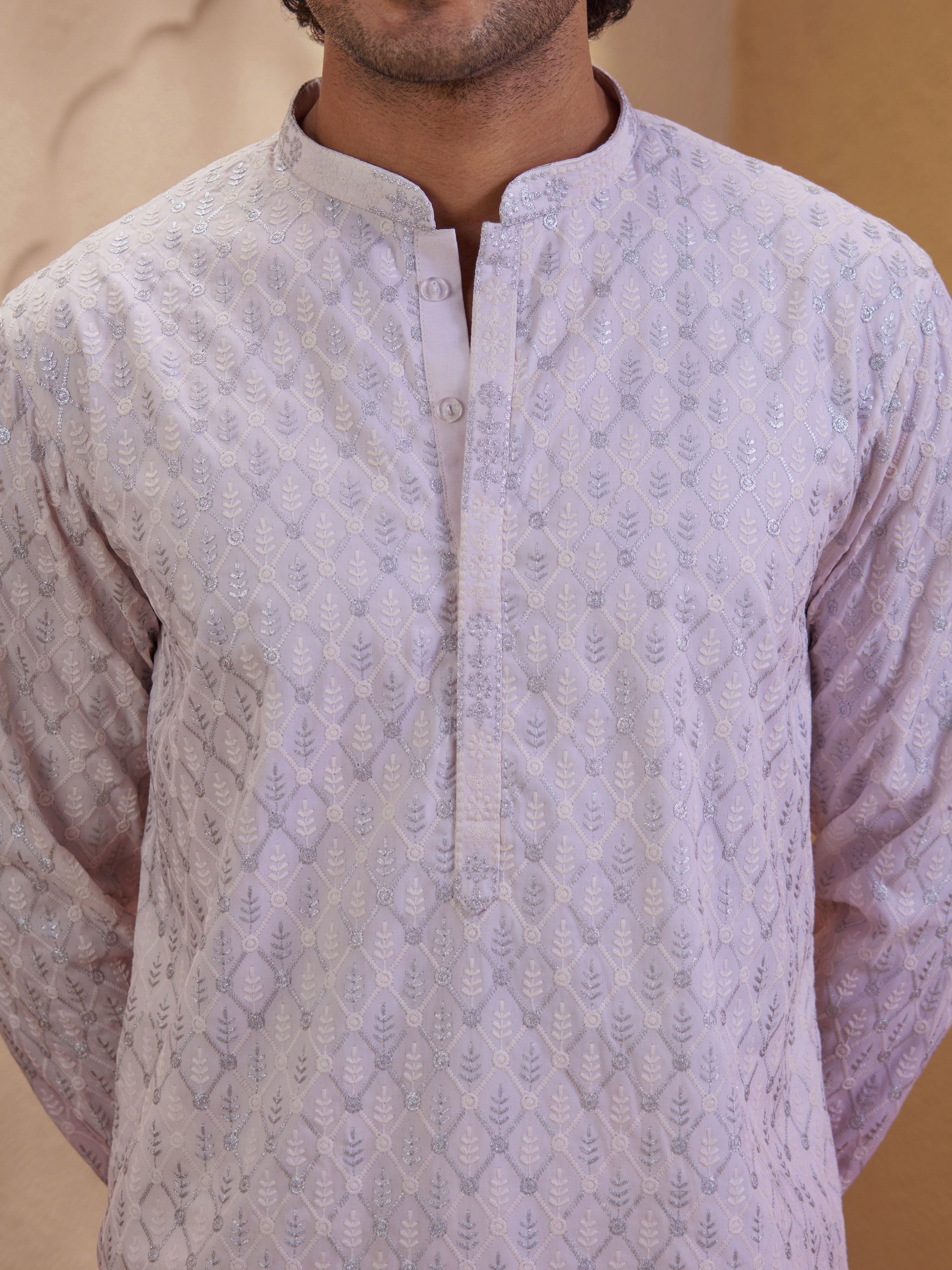 Men's Pink Woven Fabric Embroidered Thigh Length Kurta