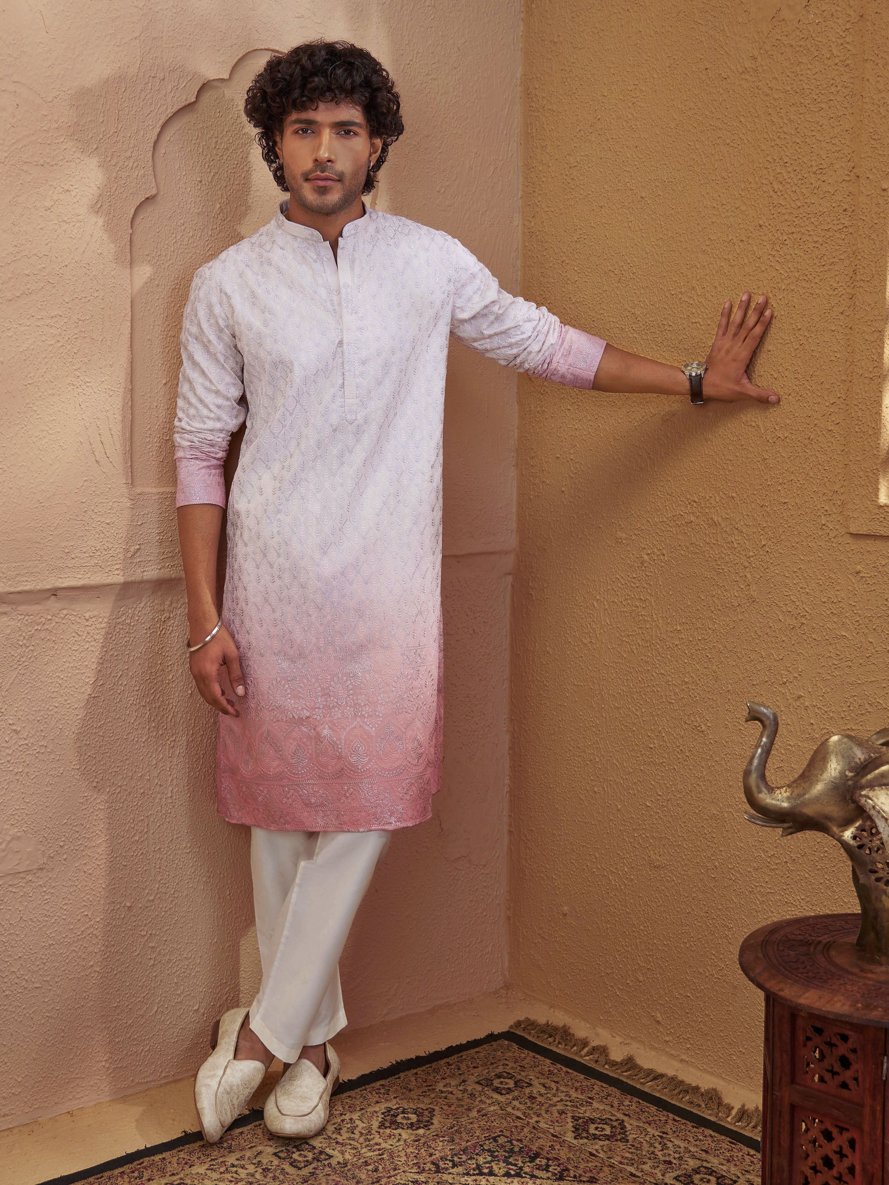 Pink Viscose Ombre Embroidered Kurta Pyjama Set