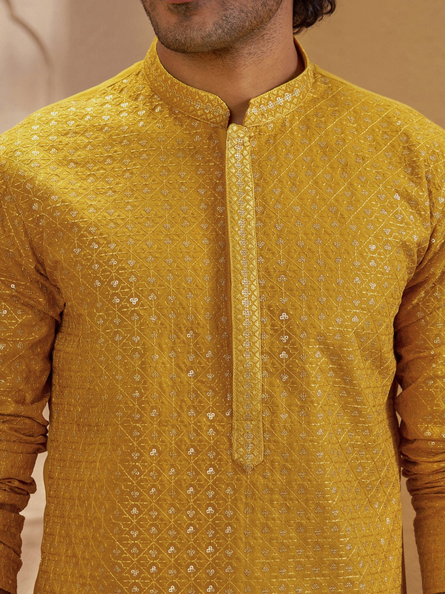 Men's Mustard Silk Blend Embroidered Thigh Length Kurta Only