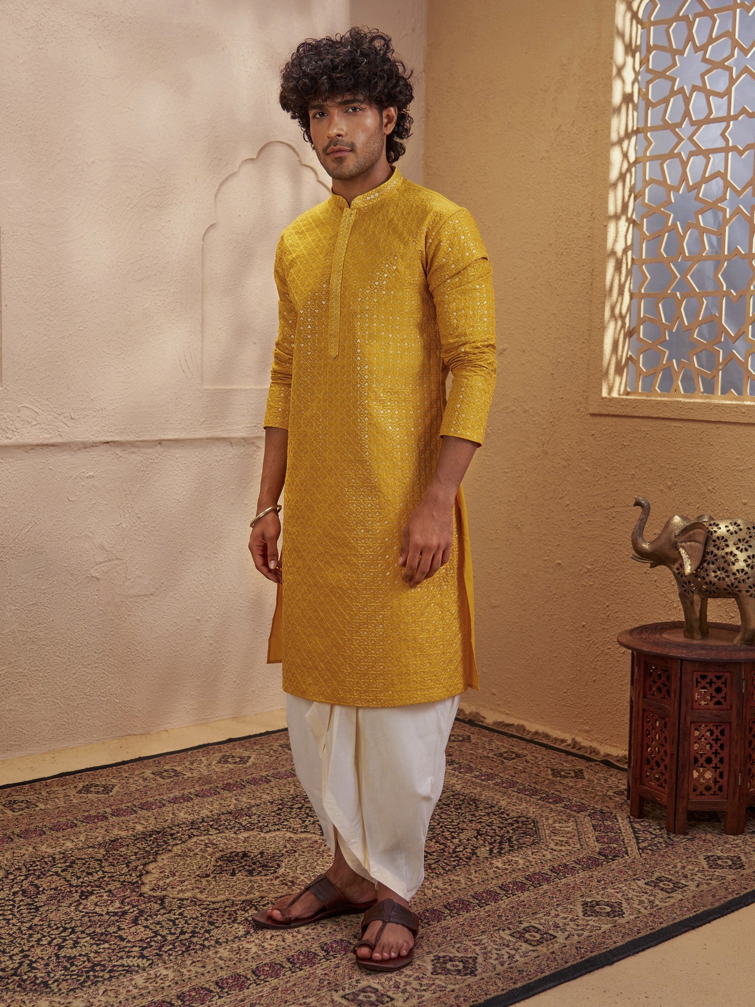 Men's Mustard Silk Blend Embroidered Thigh Length Kurta Only