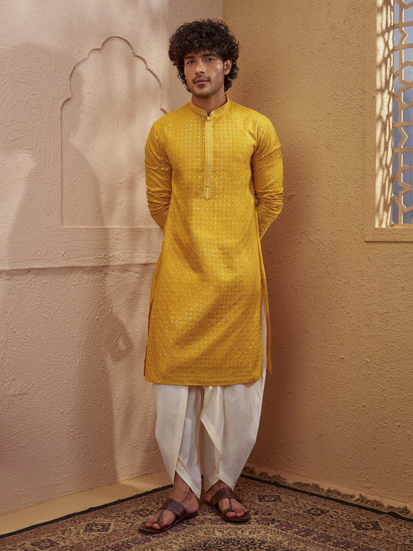Men's Mustard Silk-Blend Embellished Thigh Length Kurta with Dhoti