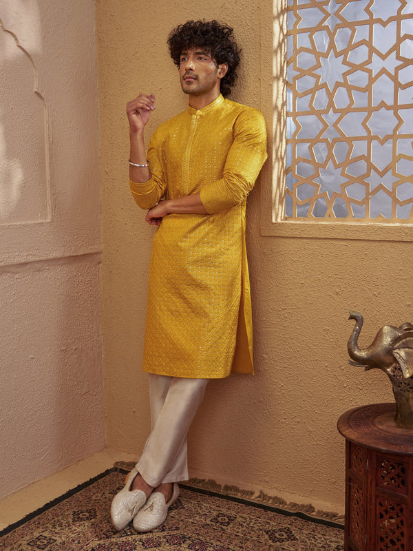 Men's Mustard Silk-Blend Embellished Thigh Length Kurta with Pyjama