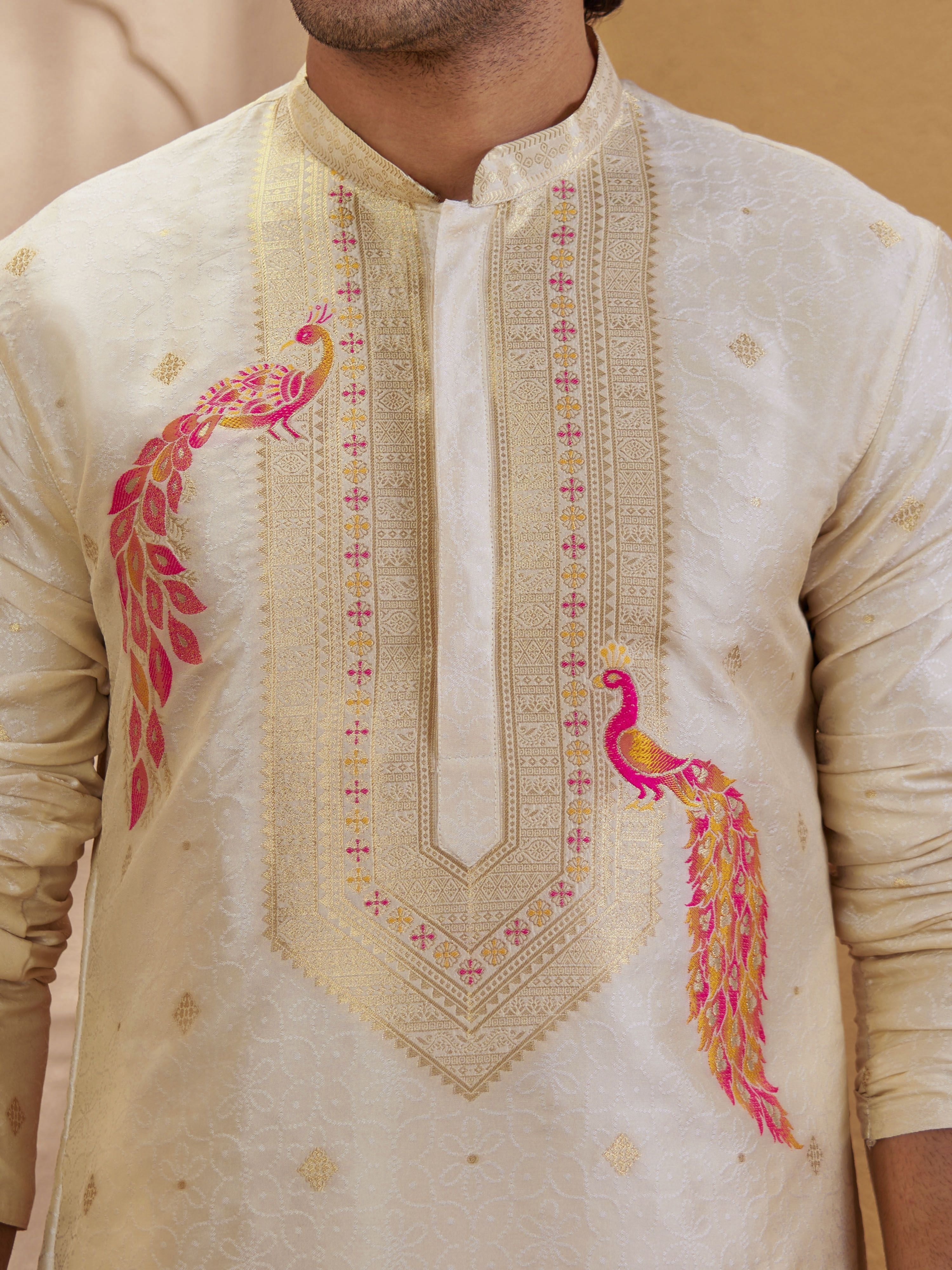 Men's Beige Jacquard+ Embroidered Thigh Length Kurta