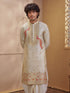 Men's Beige Jacquard+ Embroidered Thigh Length Kurta