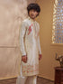 Men's Beige Jacquard+ Embroidered Thigh Length Kurta