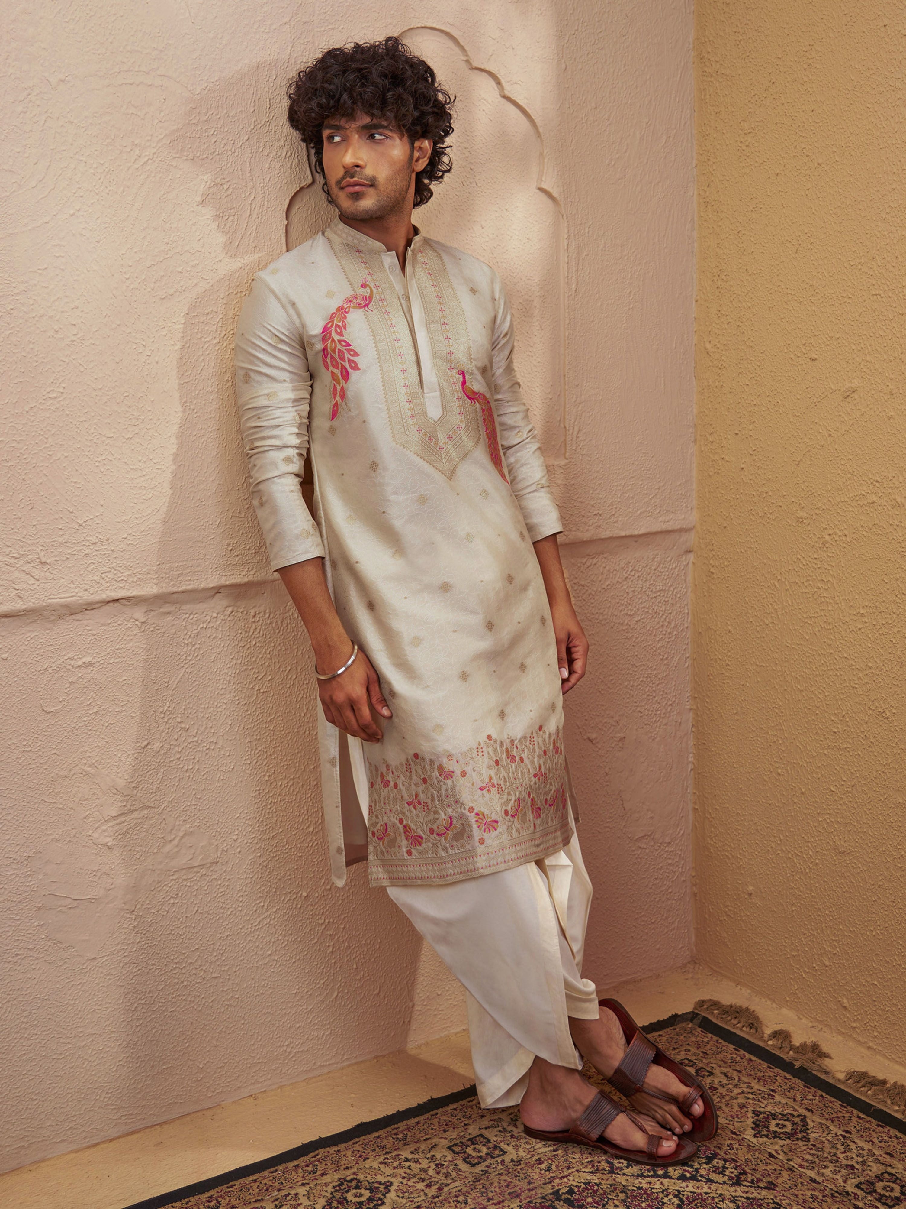 Men's Beige Jacquard+ Embroidered Thigh Length Kurta