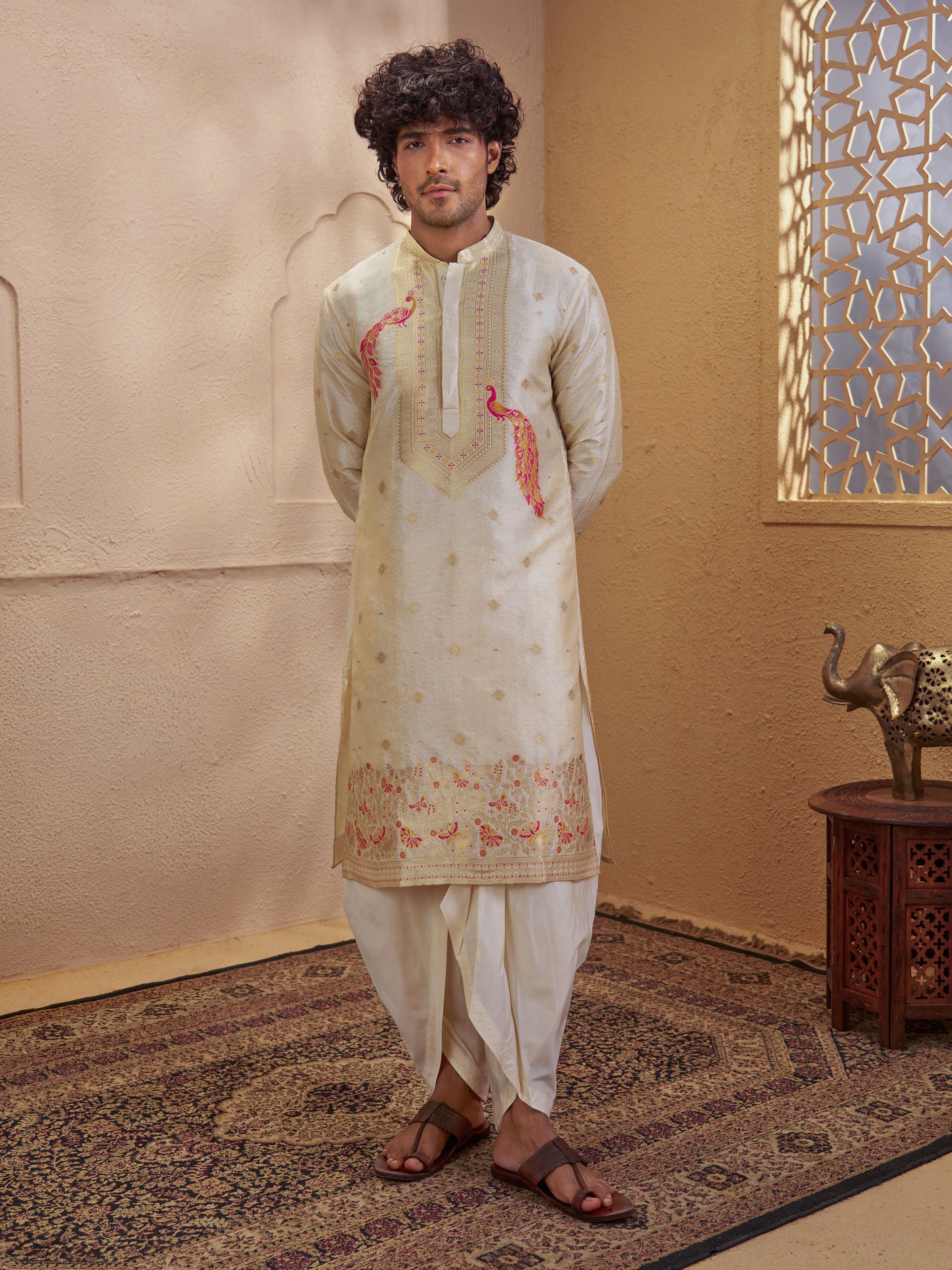 Men's Beige Viscose Embroidered Thigh Length Kurta With Dhoti