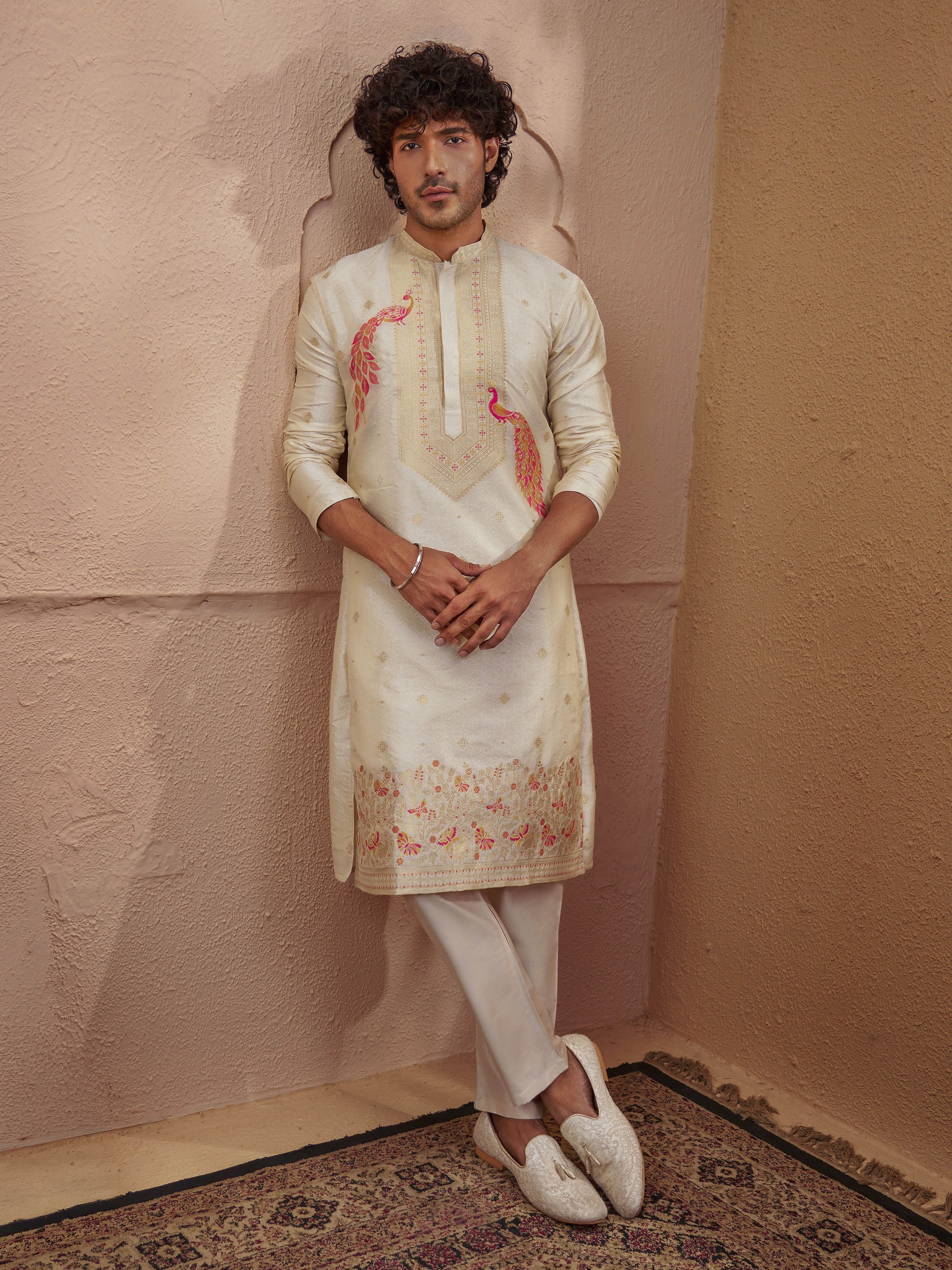 Beige Viscose Embroidered Kurta Pyjama Set for Men