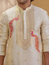 Men's Beige Viscose Embroidered Thigh Length Kurta With Pyjama