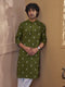 Vastramay Men Green Cotton Jacquard Ikkat Print Chikankari Embroidered Kurta