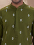 Vastramay Men Green Cotton Jacquard Ikkat Print Chikankari Embroidered Kurta