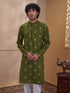 Vastramay Men Green Cotton Jacquard Ikkat Print Chikankari Embroidered Kurta