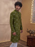 Vastramay Men Green Cotton Jacquard Ikkat Print Chikankari Embroidered Kurta