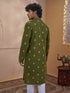 Vastramay Men Green Cotton Jacquard Ikkat Print Chikankari Embroidered Kurta