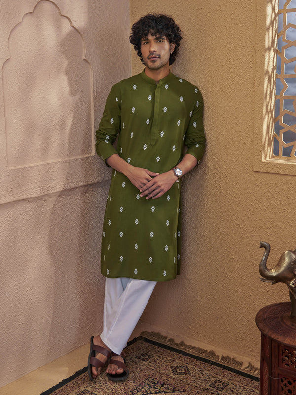 Men Green Cotton Jacquard Ikkat Kurta with White Pyjama Set