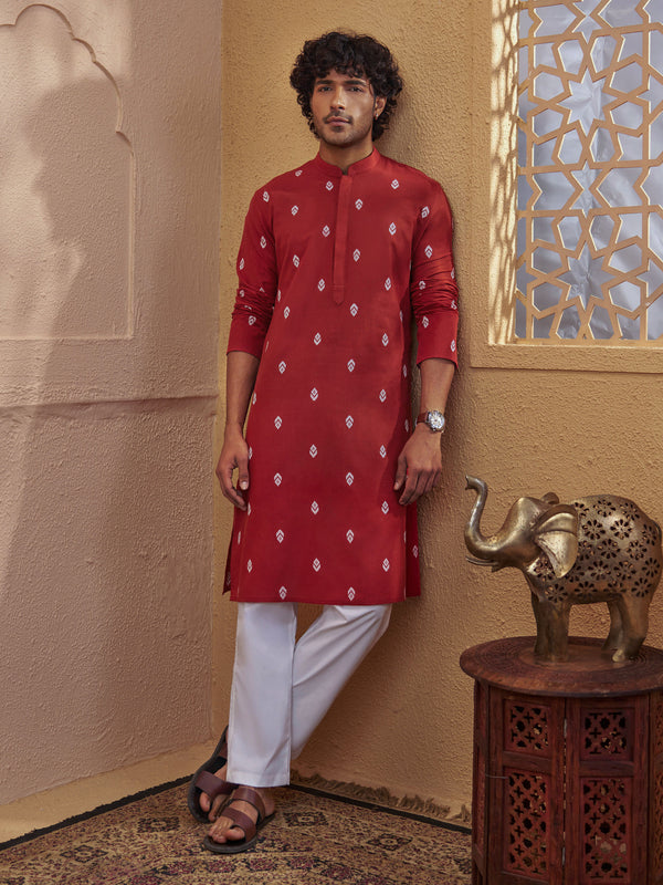 Men Rust Cotton Jacquard Ikkat Kurta with White Pyjama Set