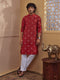 Men Rust Cotton Jacquard Ikkat Kurta with White Pyjama Set