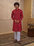 Men Rust Cotton Jacquard Ikkat Kurta with White Pyjama Set