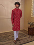 Men Rust Cotton Jacquard Ikkat Kurta with White Pyjama Set
