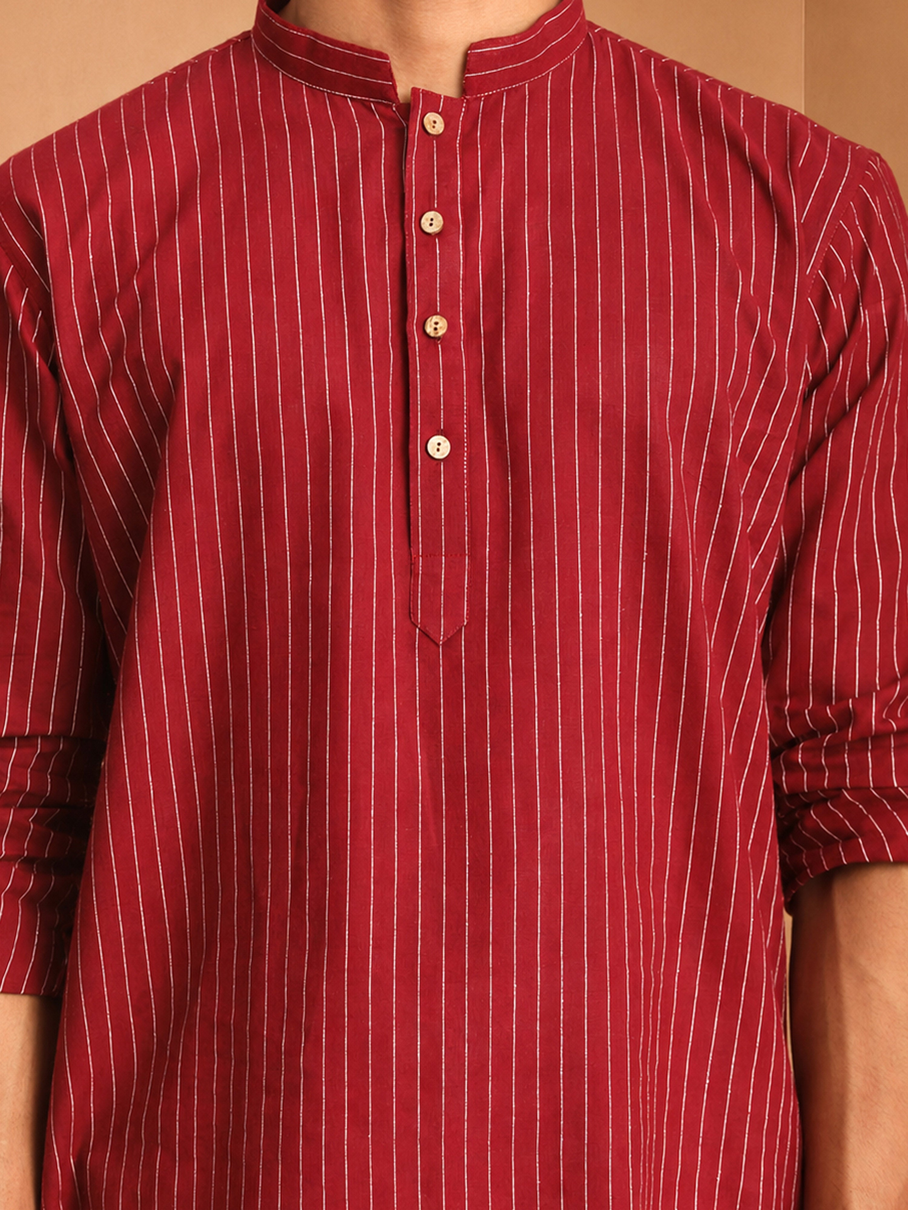 Maroon Jacquard Striped Kurta Pant Set with Wide Leg