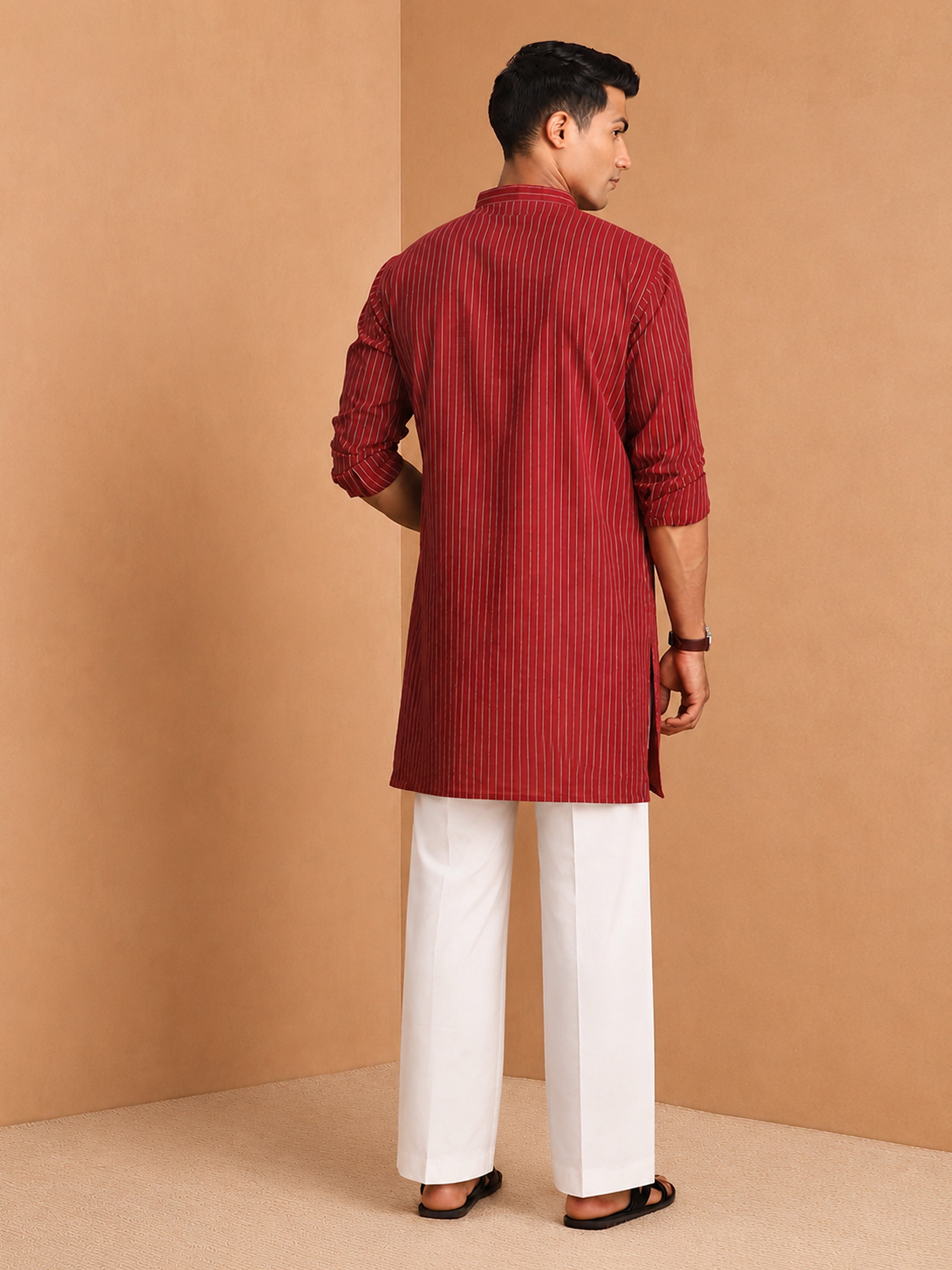 Men's Maroon Jacquard+ Textured, Stripes, Jacquard Regular Kurta Pant Set with Wide Leg Pant