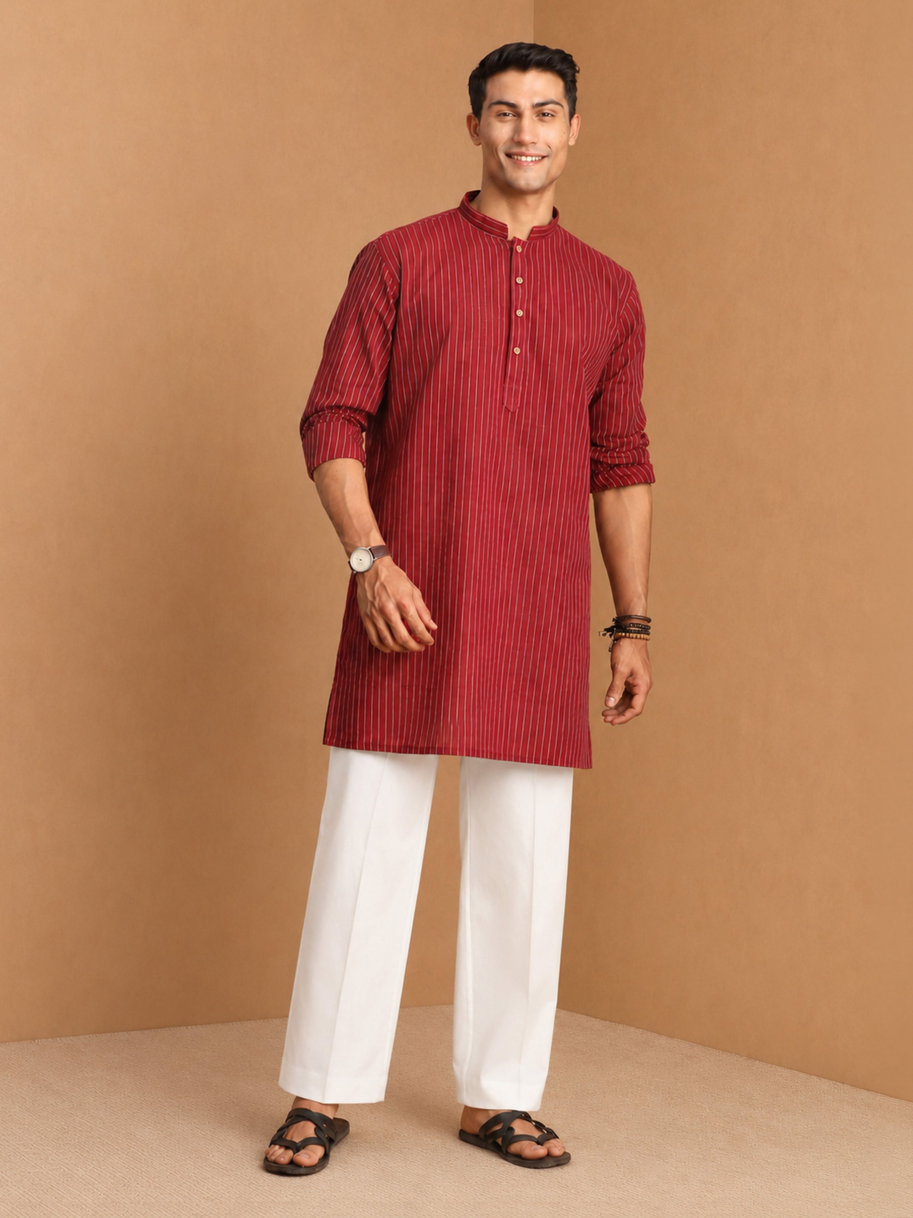 Men's Maroon Jacquard+ Textured, Stripes, Jacquard Regular Kurta Pant Set with Wide Leg Pant