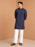 Men's Navy Blue Textured, Stripes, Jacquard Thigh Length Kurta Pant Set with Wide Leg Pant
