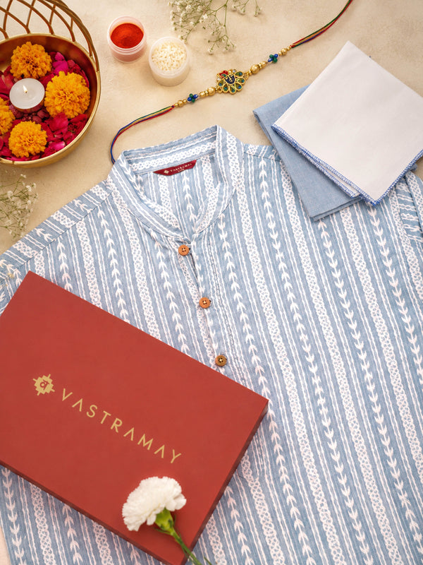 Men's Grey & White Batik Printed Kurta Rakhi Gift Box for Brother | Premium Festive Gift