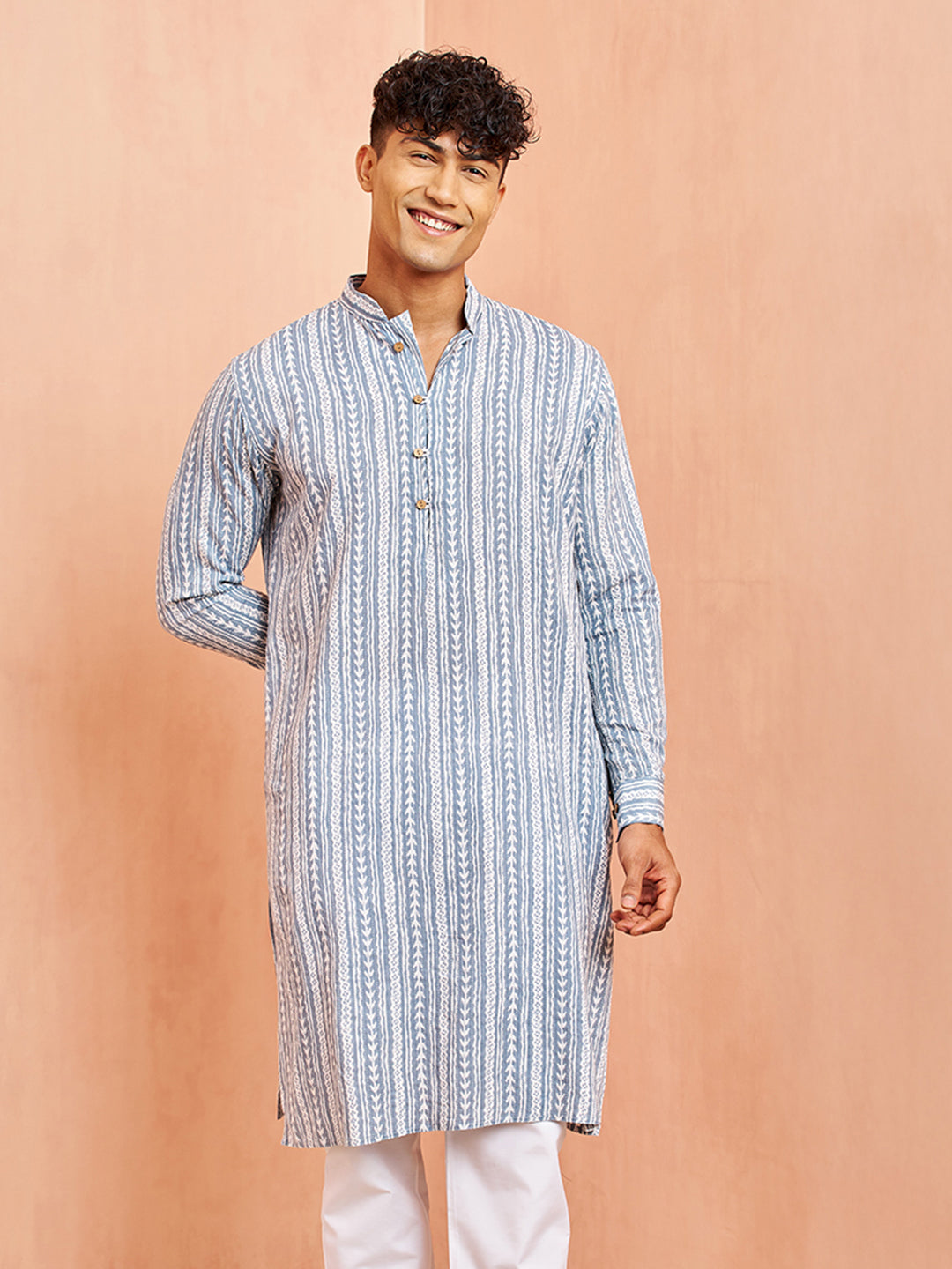 Men's Grey And White Batik Printed Kurta