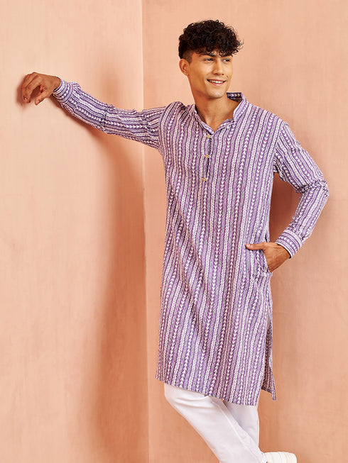 Men's Purple And White Batik Printed Kurta