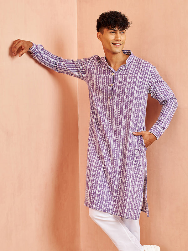 Men's Purple And White Batik Printed Kurta
