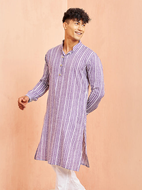 Men's Purple And White Batik Printed Kurta