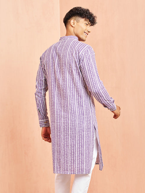 Men's Purple And White Batik Printed Kurta