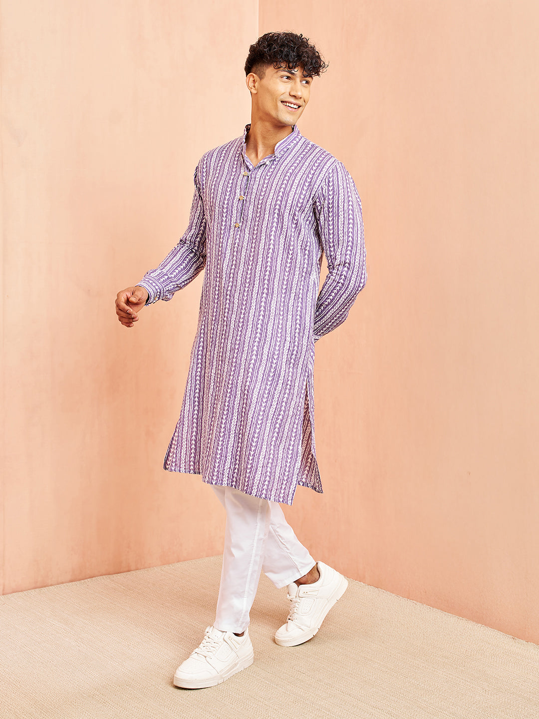Men's Purple And White Batik Printed Kurta With White Pant Set