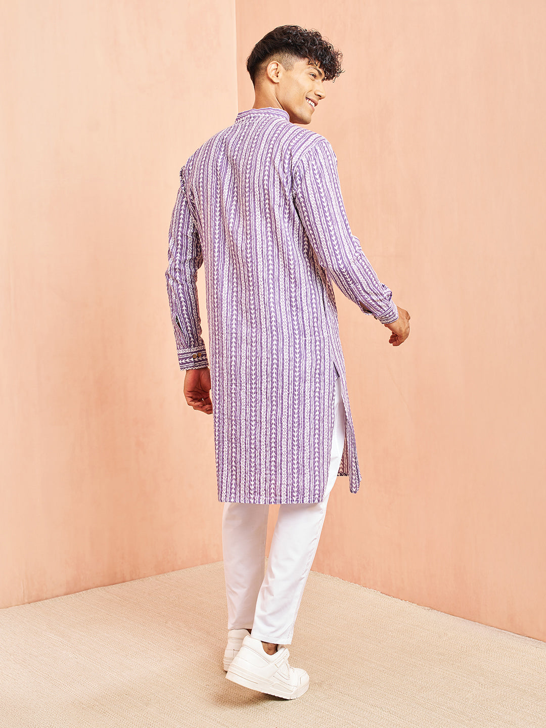 Men's Purple And White Batik Printed Kurta With White Pant Set