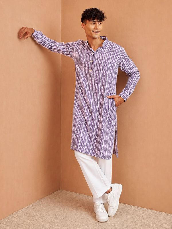 Men's Purple Kantha Work, Printed, Jacquard Knee Length Kurta Pant Set with Wide Leg Pant
